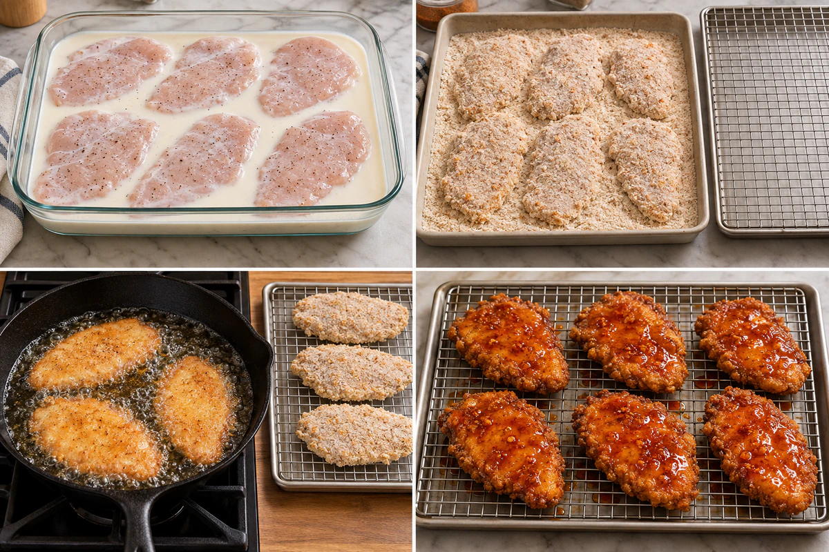 Four stages showing six chicken cutlets in buttermilk, six cutlets breaded, three frying while three wait, and six golden cutlets brushed with hot honey