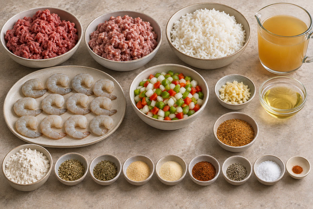 Ground beef, ground sausage, twelve shrimp, cooked rice, broth, chopped onions and peppers, garlic, oil, flour, and Cajun-style seasonings