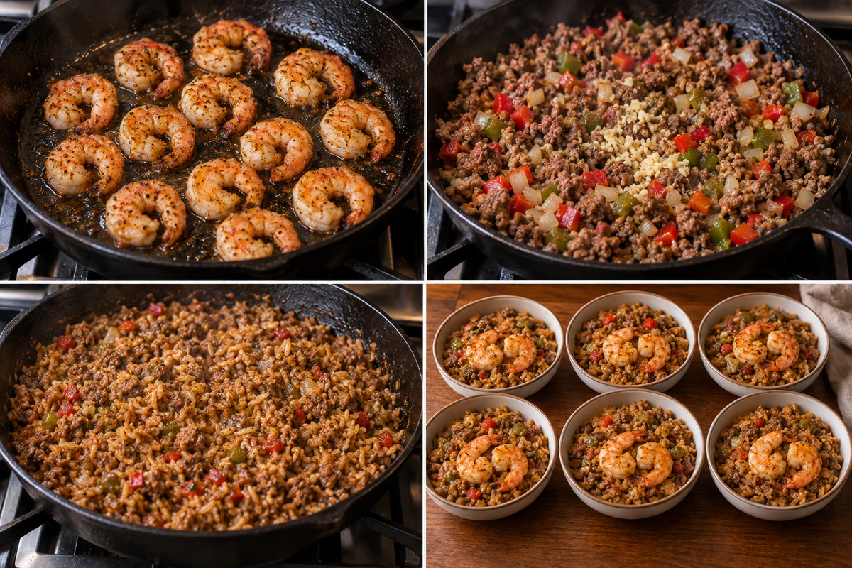 Four stages showing seasoned shrimp seared, beef and sausage browned with vegetables, broth and rice simmered, and six dirty-rice bowls finished with shrimp