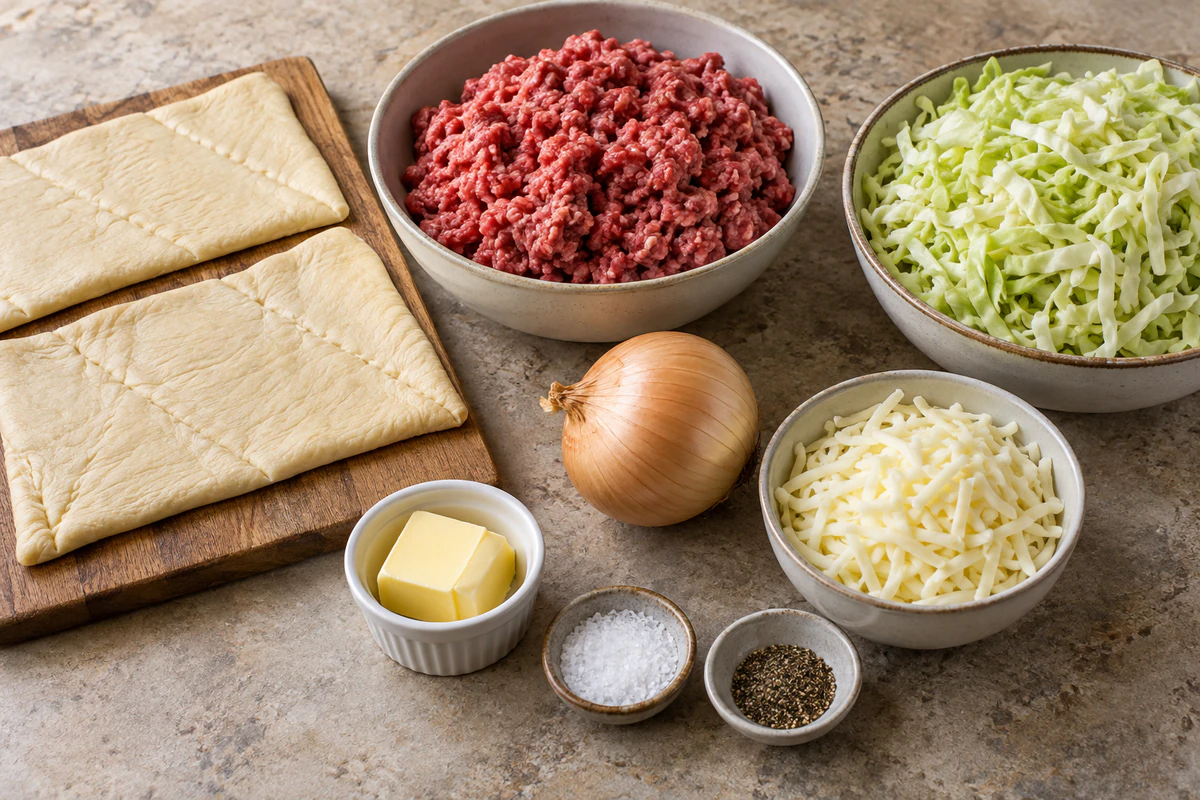 Two packages crescent dough with ground beef, butter, four cups shredded cabbage, chopped onion, mozzarella, salt, and pepper