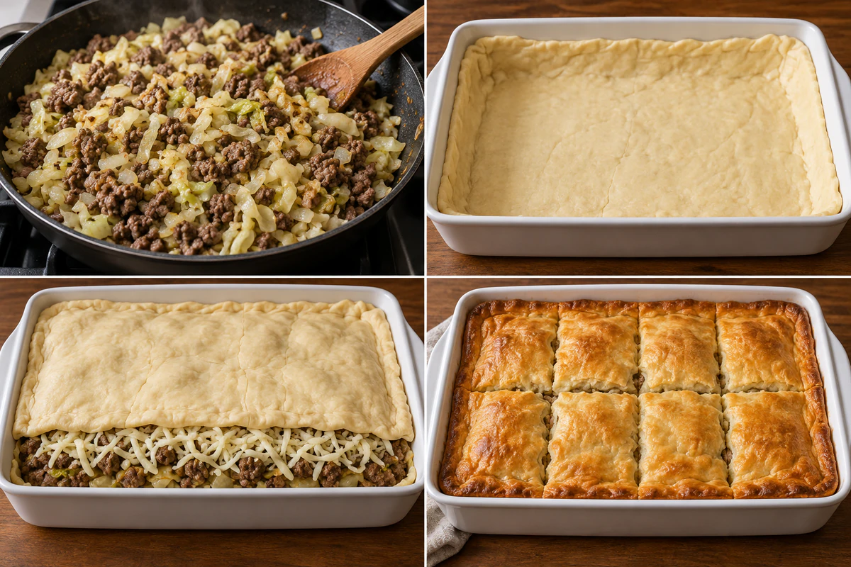 Four stages showing onion and beef cooked with cabbage, crescent bottom crust filled and cheesed, top crust sealed, and casserole baked golden