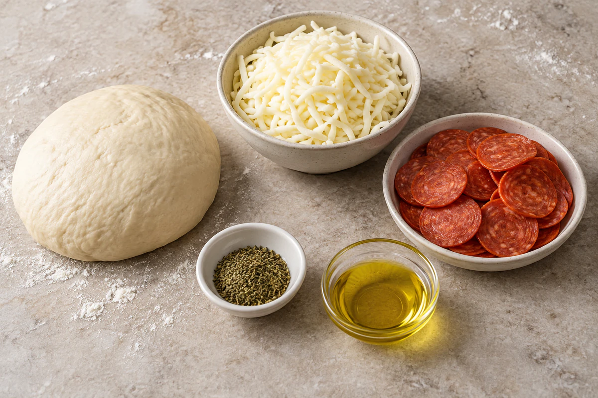 One pound pizza dough, shredded mozzarella, sliced pepperoni, Italian seasoning, and olive oil