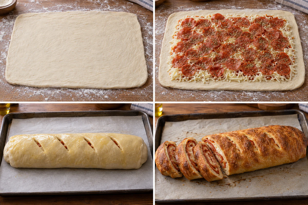 Four stages showing rectangular pizza dough, mozzarella and pepperoni filling, one sealed oil-brushed log with four slits, and one baked stromboli sliced