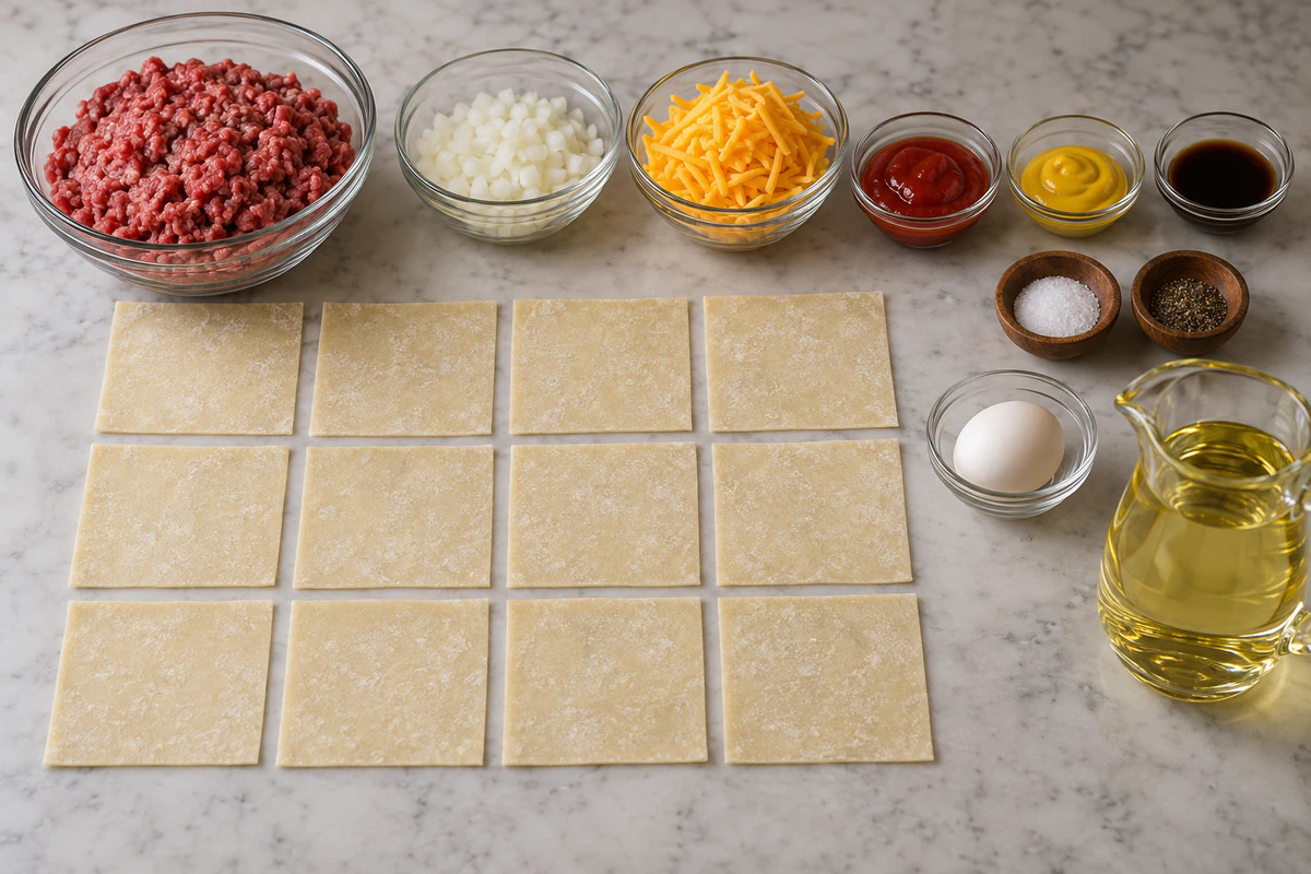 Ground beef, chopped onion, cheddar, ketchup, mustard, Worcestershire, salt, pepper, twelve egg-roll wrappers, one egg, and frying oil