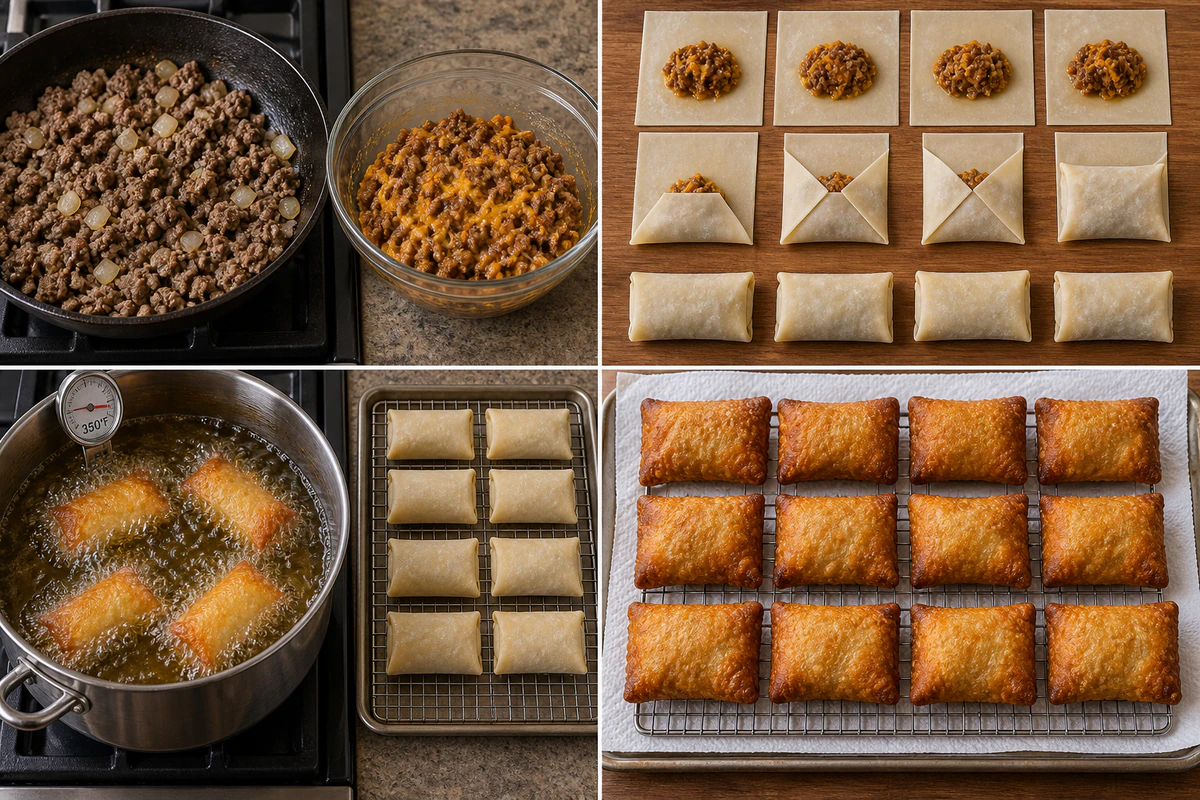 Four stages showing beef and onion filling cooked, twelve wrappers filled and folded, four rolls frying while eight wait, and twelve golden egg rolls