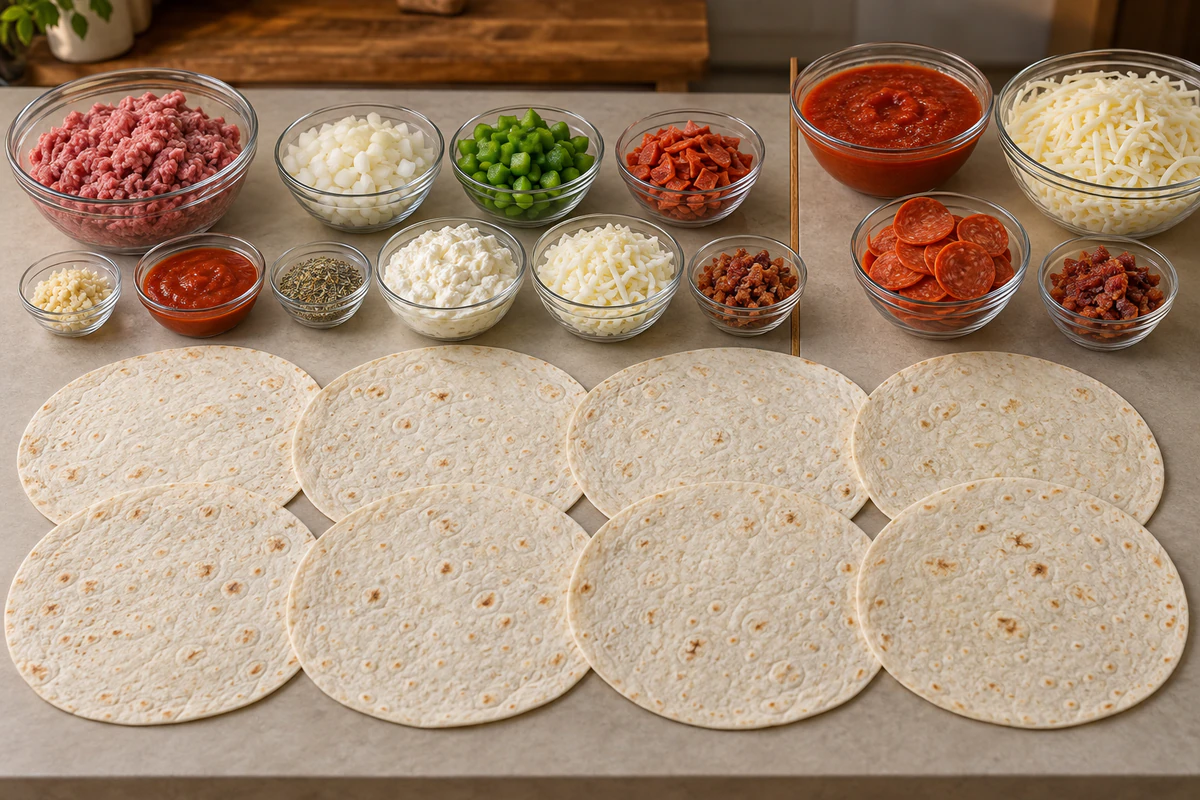 Ground beef, onion, green pepper, chopped and sliced pepperoni, garlic, pizza sauce, Italian seasoning, ricotta, mozzarella, bacon, and eight tortillas