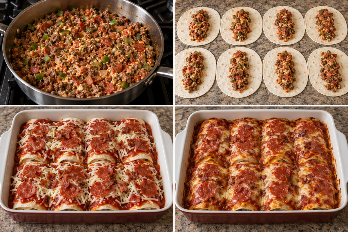 Four stages showing beef pizza filling cooked, eight tortillas filled, eight rolls topped in two rows of four, and eight baked pizza enchiladas