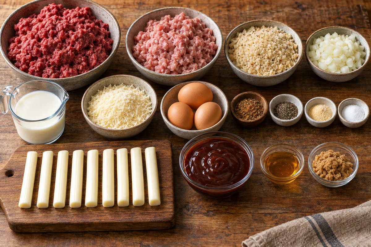 Ground beef, ground pork, Italian panko, onion, milk, Parmesan, three eggs, seasonings, nine mozzarella sticks, barbecue sauce, honey, and brown sugar