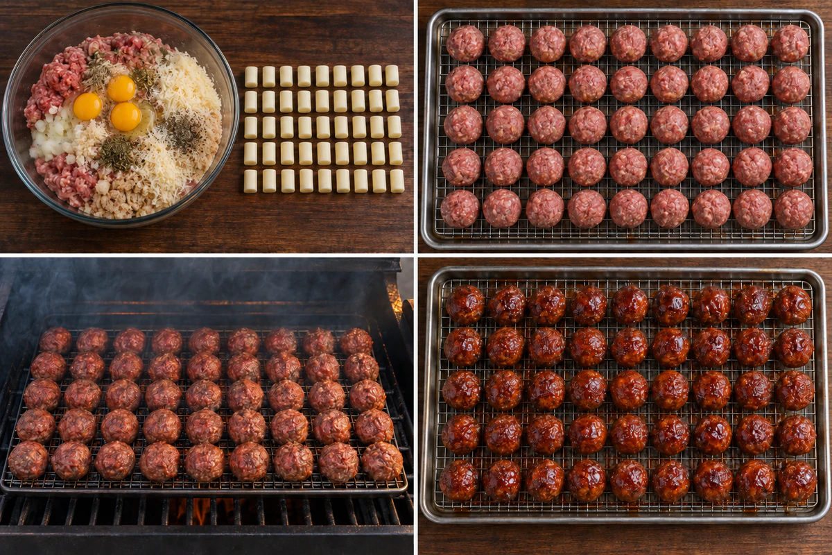 Four stages showing meat mixture with forty-five cheese pieces, forty-five stuffed meatballs, meatballs smoking in a five-by-nine grid, and forty-five glazed meatballs