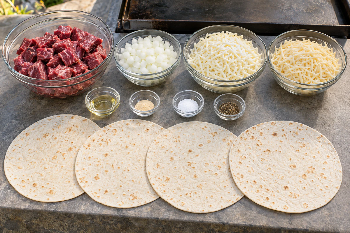 Diced skirt steak, vegetable oil, onion powder, salt, pepper, diced onion, mozzarella, Monterey Jack, and four flour tortillas