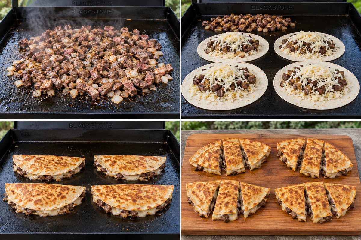 Four stages showing steak and onion cooking on Blackstone, four tortillas filled with two cheeses and steak, four folded quesadillas browning, and four quesadillas sliced