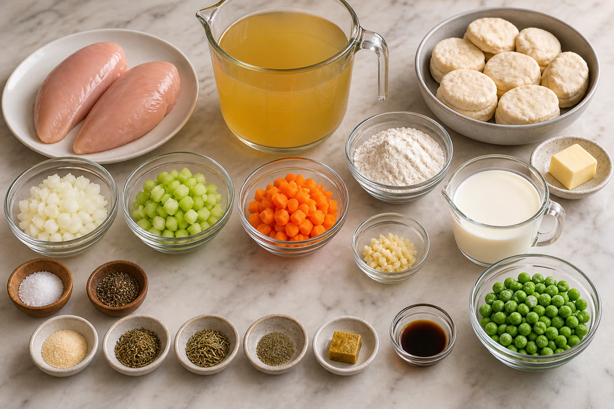 Two chicken breasts, broth, butter, onion, celery, carrots, garlic, herbs, flour, half-and-half, bouillon, soy sauce, peas, and unbaked biscuits