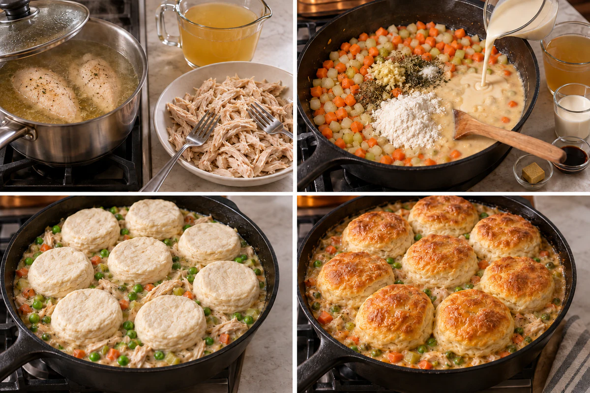 Four stages showing two chicken breasts poached and shredded, vegetables and gravy prepared, chicken and peas topped with biscuits, and one skillet pot pie baked golden