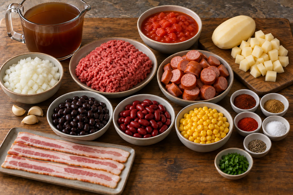 Four bacon slices, onion, garlic, ground beef, smoked sausage, spices, tomatoes, two potatoes, broth, black beans, kidney beans, corn, and parsley