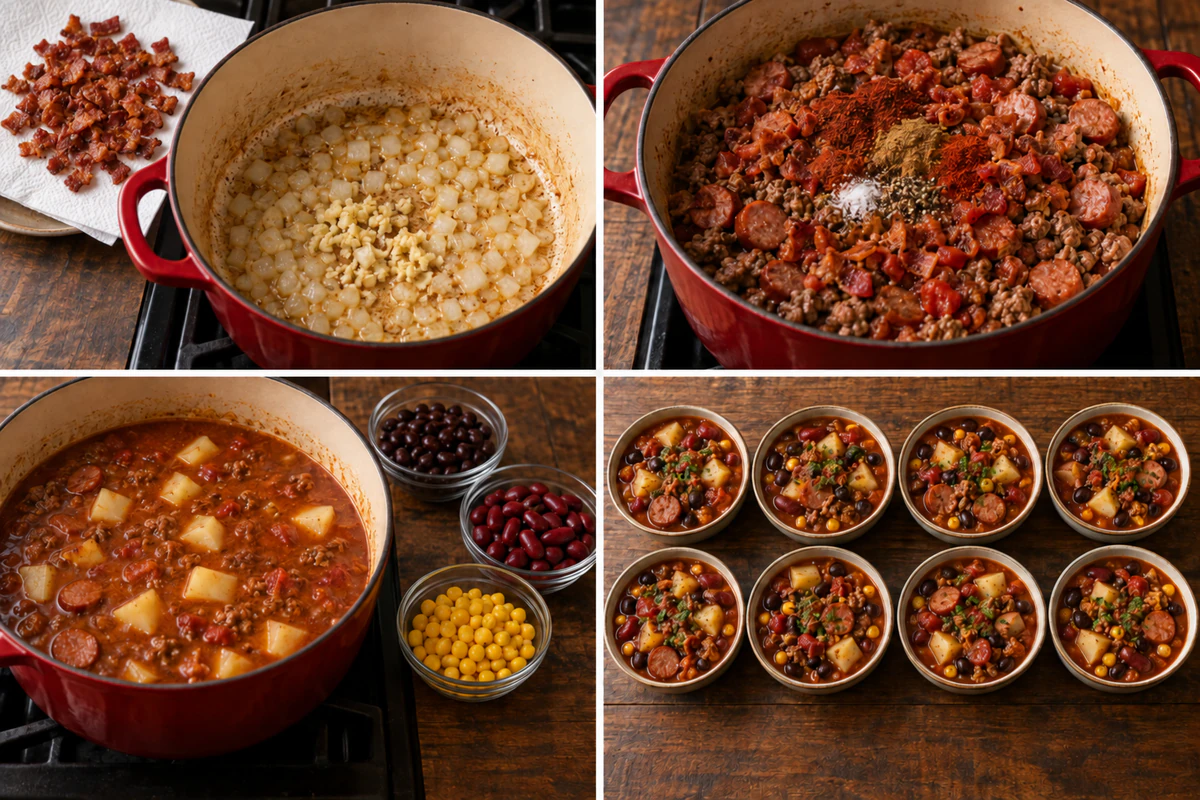 Four stages showing chopped bacon cooked and aromatics softened, beef and sausage seasoned with tomatoes, potatoes simmered before beans and corn, and eight stew bowls