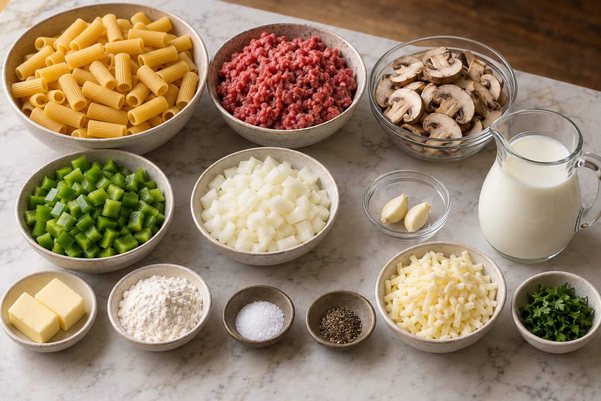 Rigatoni, ground beef, sliced mushrooms, green bell pepper, onion, two garlic cloves, butter, flour, milk, provolone, salt, pepper, and parsley