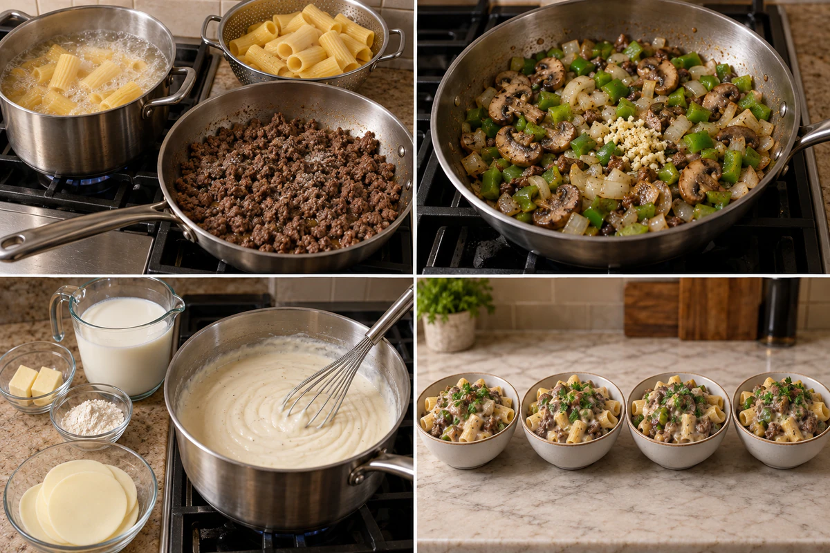 Four stages showing rigatoni cooked and beef browned, mushrooms pepper onion and garlic sautéed, provolone sauce whisked, and four pasta bowls finished