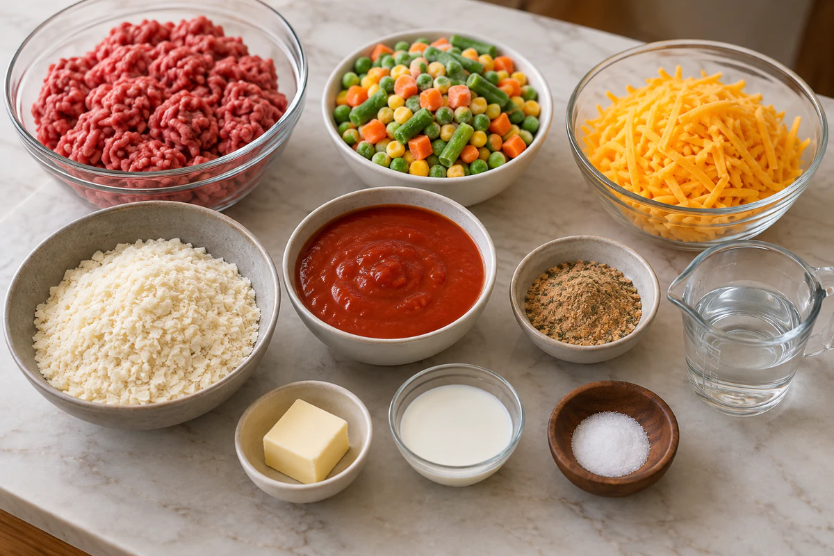 Instant potato flakes with package-required butter milk and salt, ground beef, frozen vegetables, tomato soup, stew seasoning, water, and cheddar