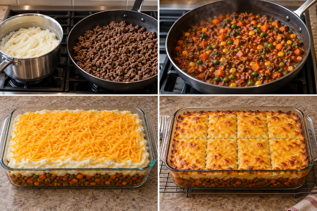 Four stages showing instant potatoes prepared and beef browned, beef and vegetables simmered, one layered 9x13 casserole topped with cheddar, and casserole baked in eight portions