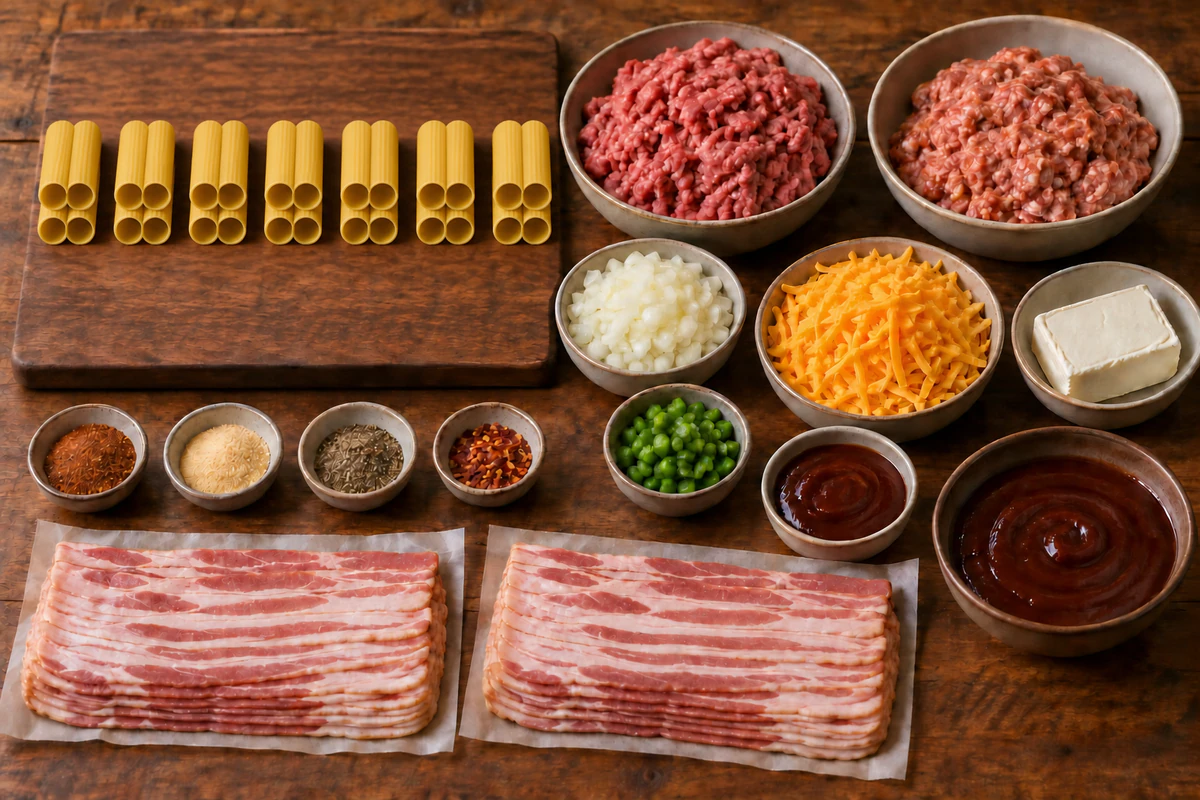 Twenty-eight manicotti tubes, beef, Italian sausage, onion, cheddar, cream cheese, jalapeno, spices, barbecue sauce, and two portions bacon