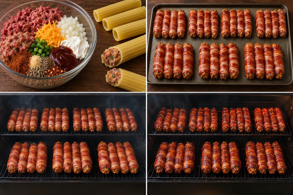 Four stages showing filling mixed and manicotti stuffed, twenty-eight shells wrapped in bacon, shells smoked first hour, and twenty-eight glazed shells finished