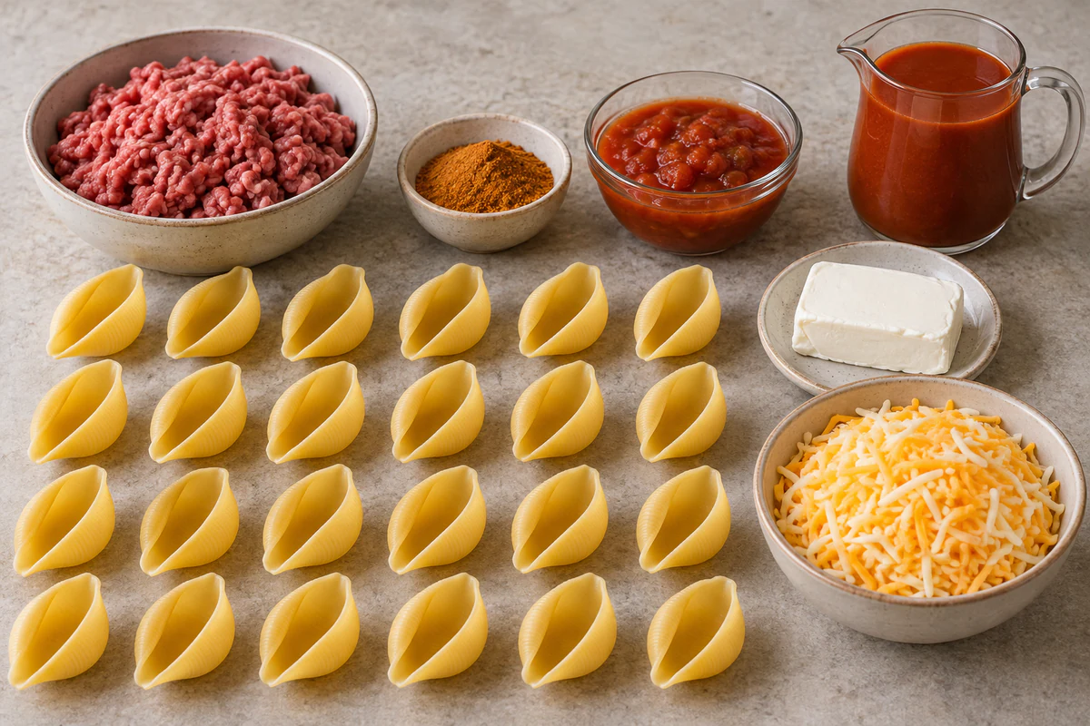 Twenty-four jumbo pasta shells, ground beef, taco seasoning, salsa, cream cheese, enchilada sauce, and Mexican cheese blend