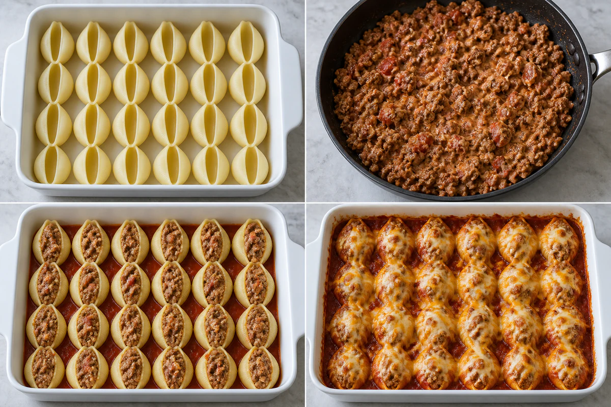 Four stages showing twenty-four cooked shells, creamy taco beef filling, shells filled over enchilada sauce, and the baked cheese-covered shells