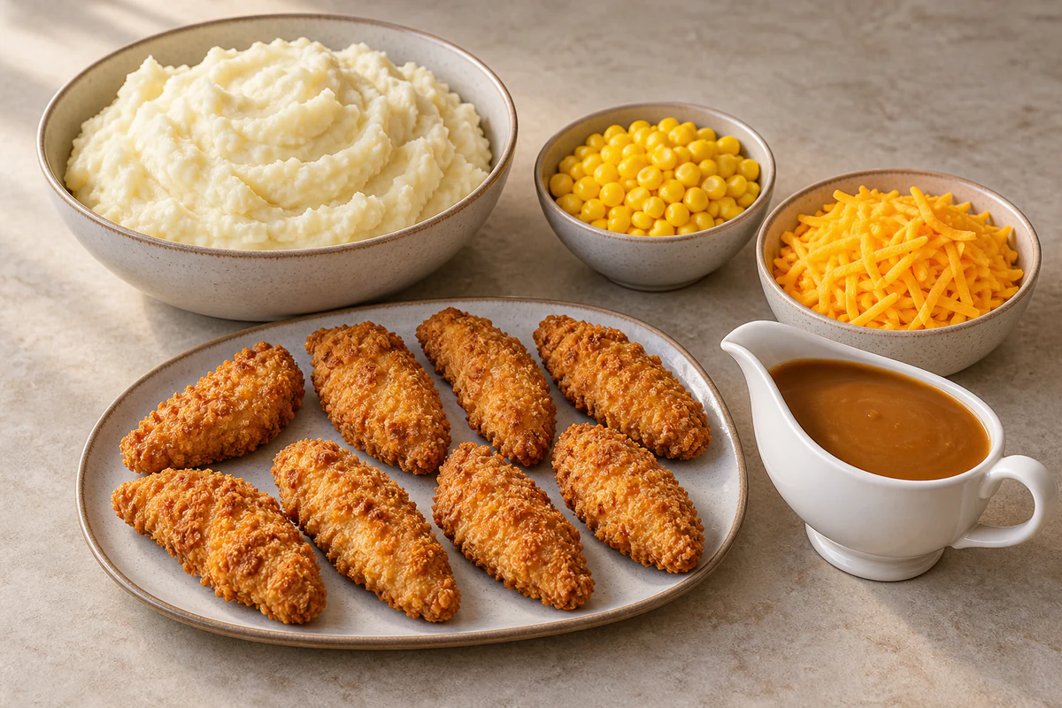 Prepared mashed potatoes, corn, grated cheddar, eight crispy chicken tenders, and brown gravy arranged for the casserole