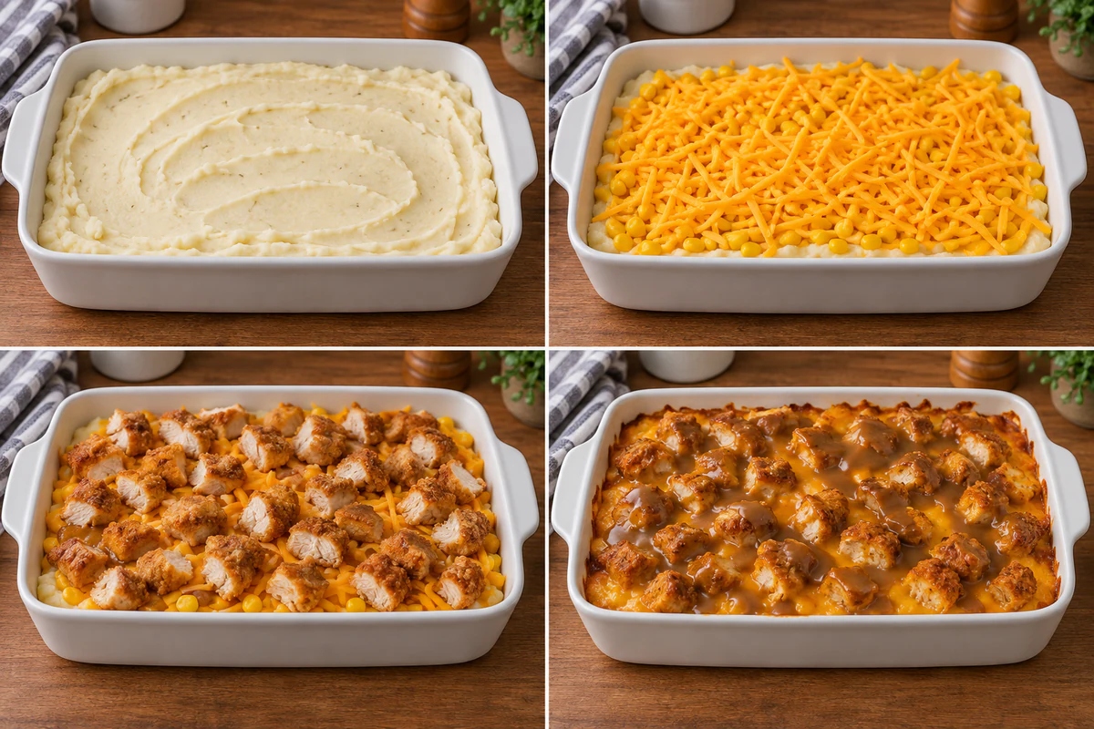 Four stages showing mashed potatoes spread in a casserole dish, corn and cheddar layered, crispy chicken pieces added, and baked casserole drizzled with gravy