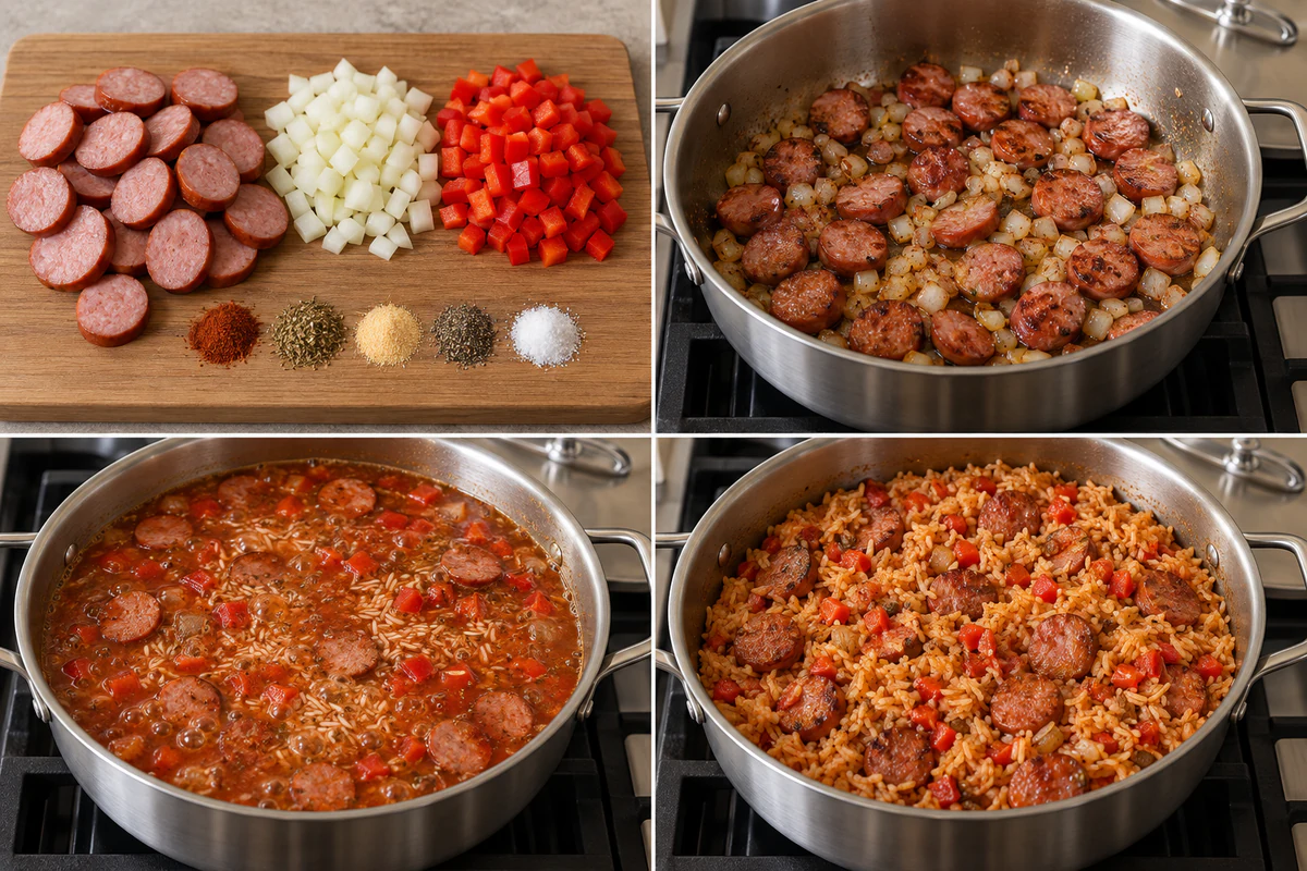 Four stages showing sausage and vegetables prepared, sausage and onion browned, broth and uncooked rice simmering, and the finished one-pot sausage rice