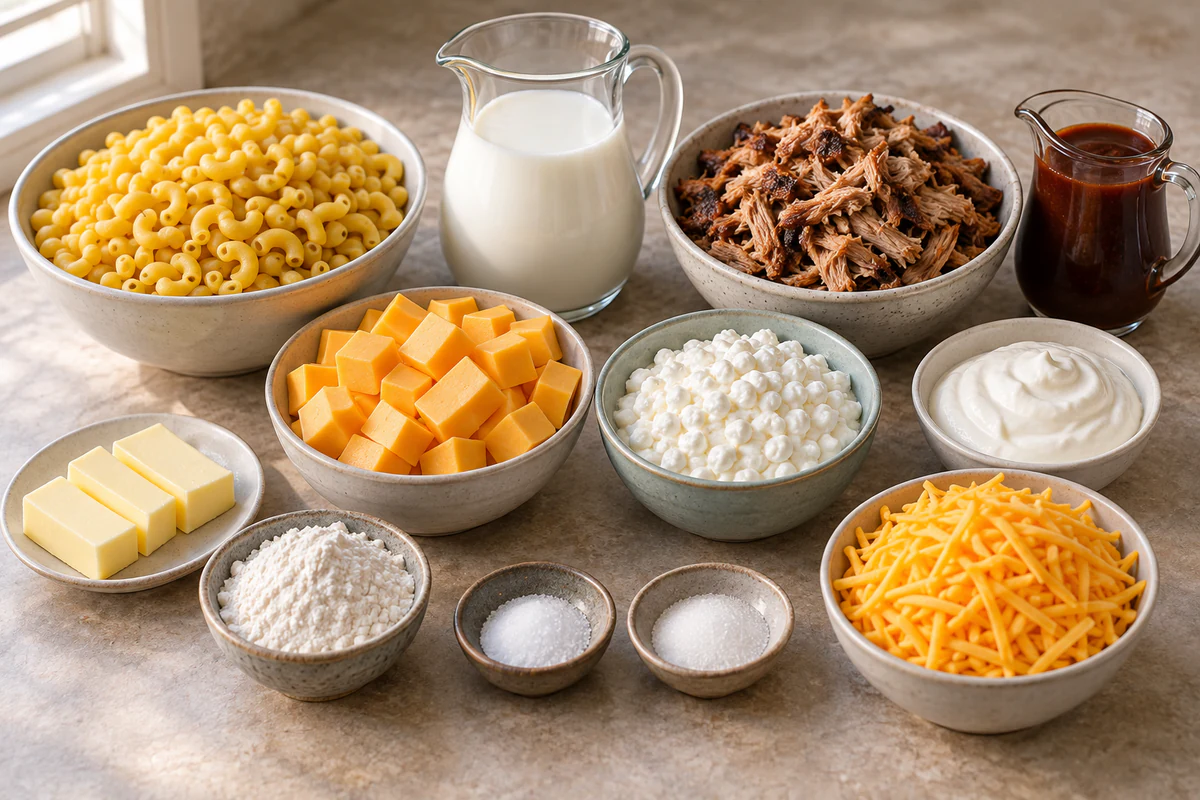 Elbow macaroni, butter, flour, salt, sugar, milk, cheeses, sour cream, pulled pork, and barbecue sauce arranged for mac and cheese