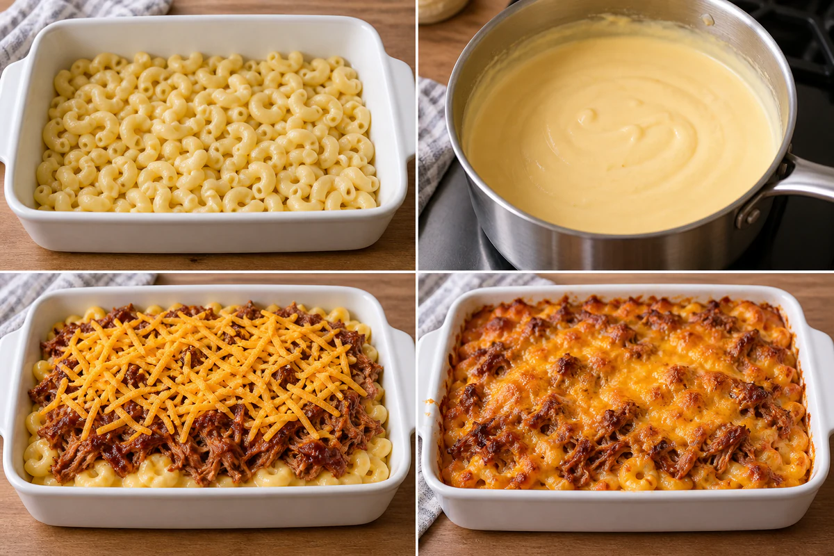 Four stages showing al dente macaroni, smooth cheese sauce, barbecue pulled pork and cheddar layered over pasta, and the bubbly baked casserole