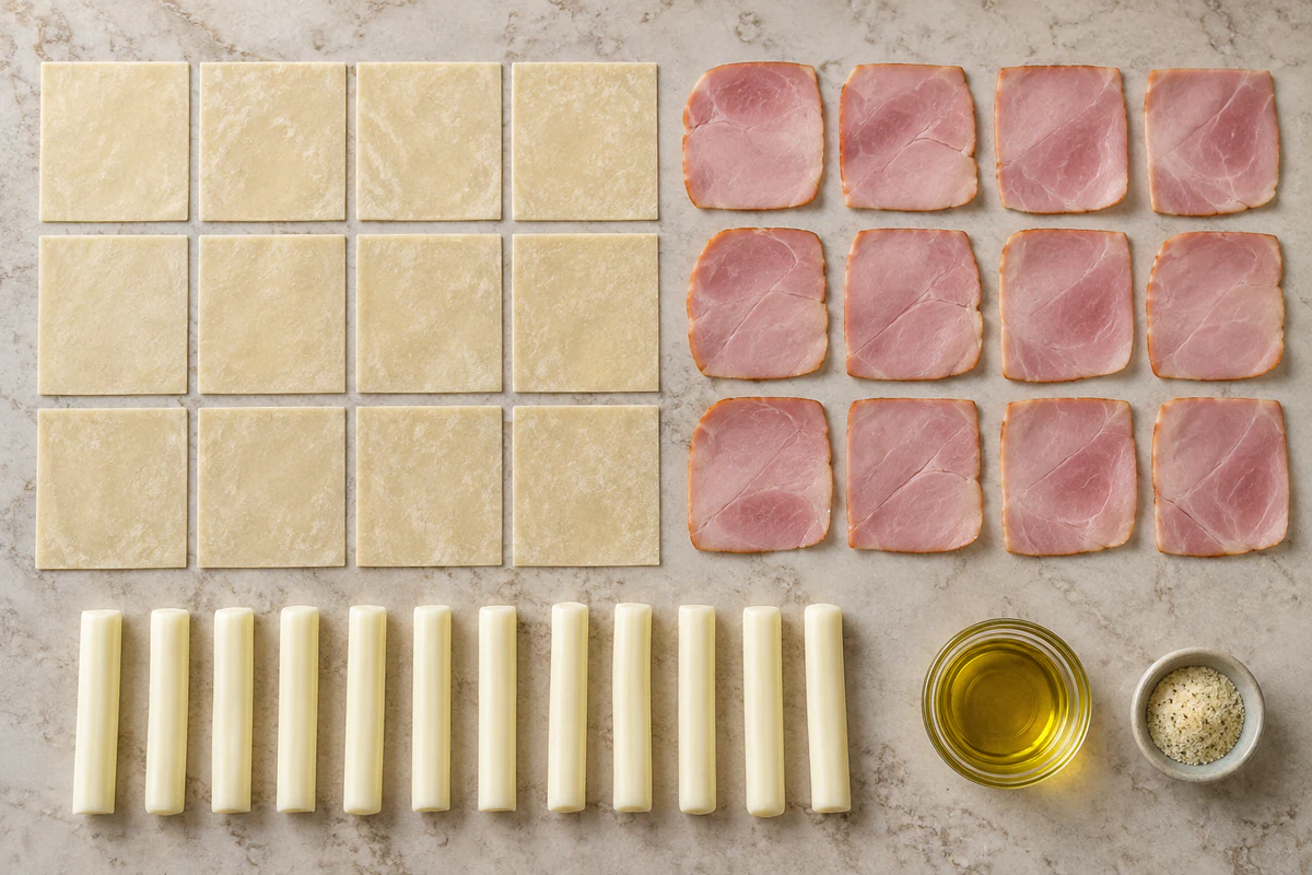 Twelve eggroll wrappers, twelve honey ham slices, twelve mozzarella string-cheese sticks, olive oil, and garlic salt