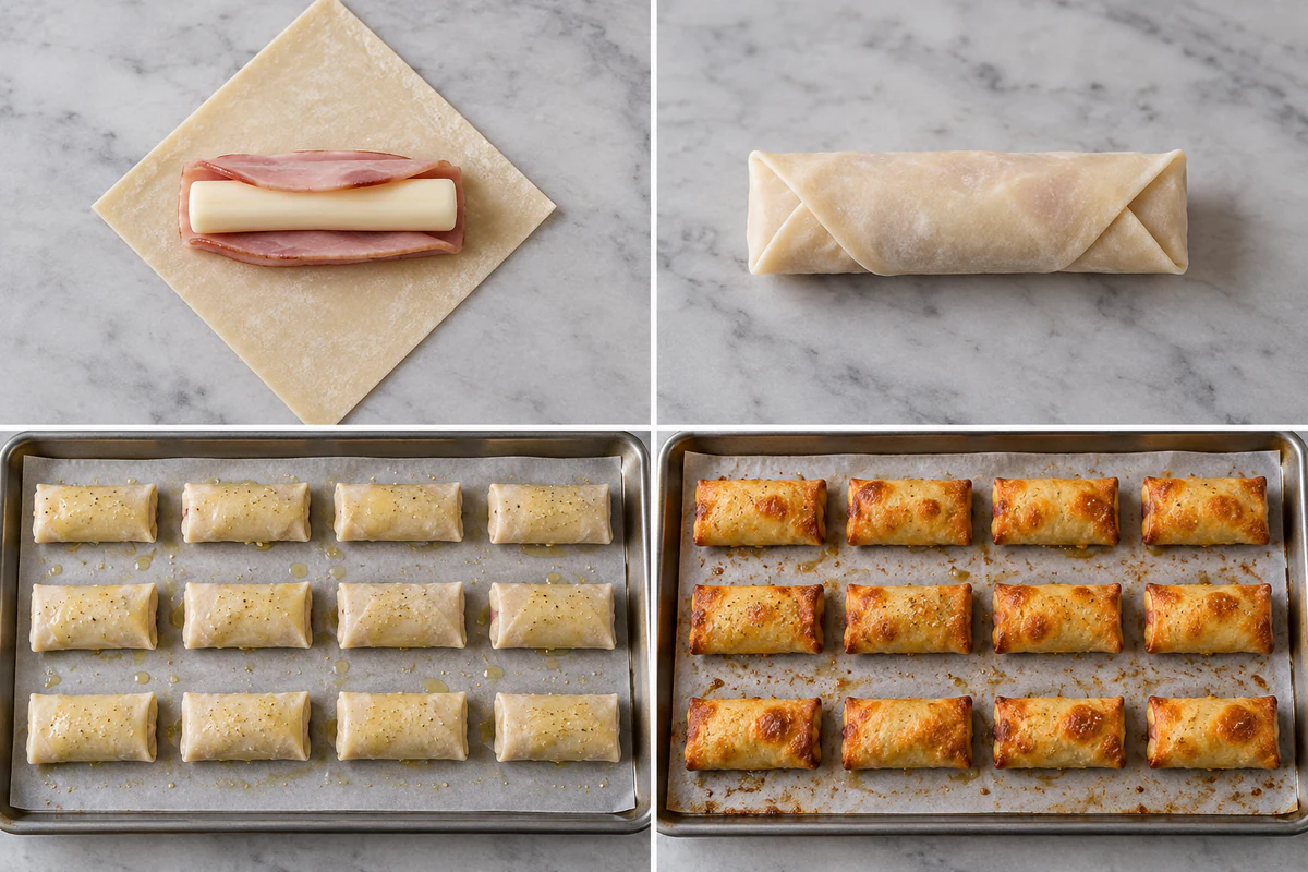 Four stages showing ham and mozzarella on an eggroll wrapper, a tightly folded roll, twelve oiled raw sticks, and twelve golden baked sticks