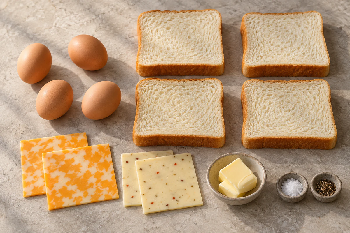 Four eggs, four Texas bread slices, two Colby Jack slices, two pepper jack slices, butter, salt, and pepper