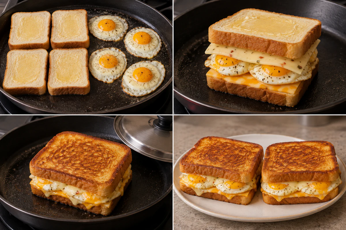 Four stages showing buttered bread and four fried eggs, one layered sandwich, grilling under a lid, and two golden egg grilled cheese sandwiches