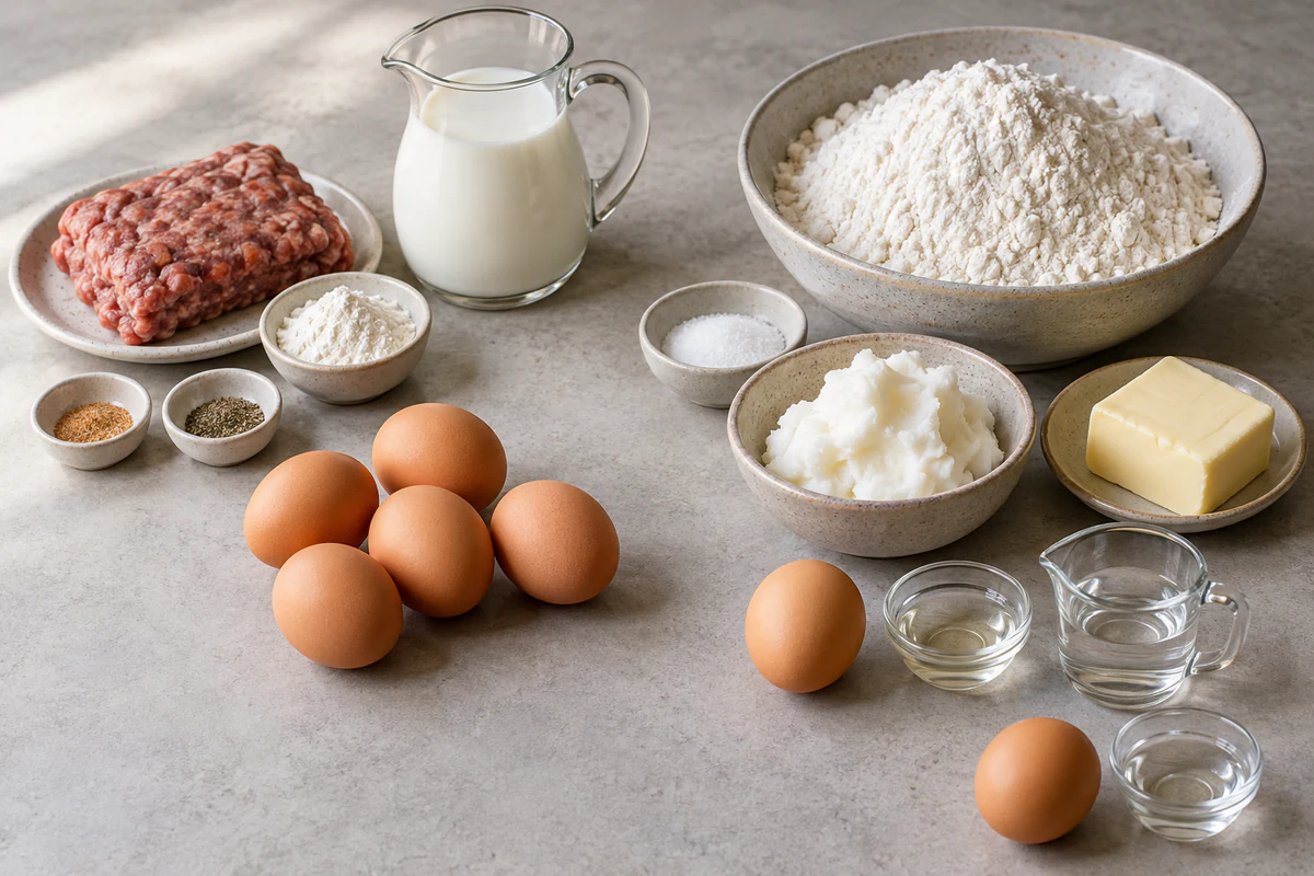 Breakfast sausage, milk, flour, shortening, butter, seven eggs, vinegar, water, salt, and pepper arranged for savory breakfast pop-tarts