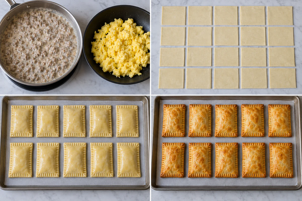 Four stages showing sausage gravy and scrambled eggs, twenty pastry rectangles, ten sealed pastries, and ten golden baked breakfast pop-tarts