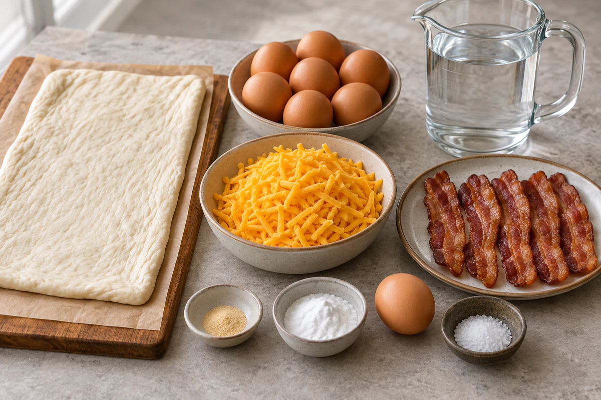 Pizza dough, eight eggs, garlic powder, cheddar, five bacon slices, water, baking soda, egg wash egg, and kosher salt