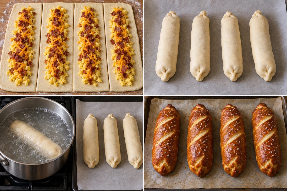 Four stages showing four dough strips filled with egg cheese and bacon, four sealed rolls, one roll boiling with three waiting, and four golden scored pretzel rolls