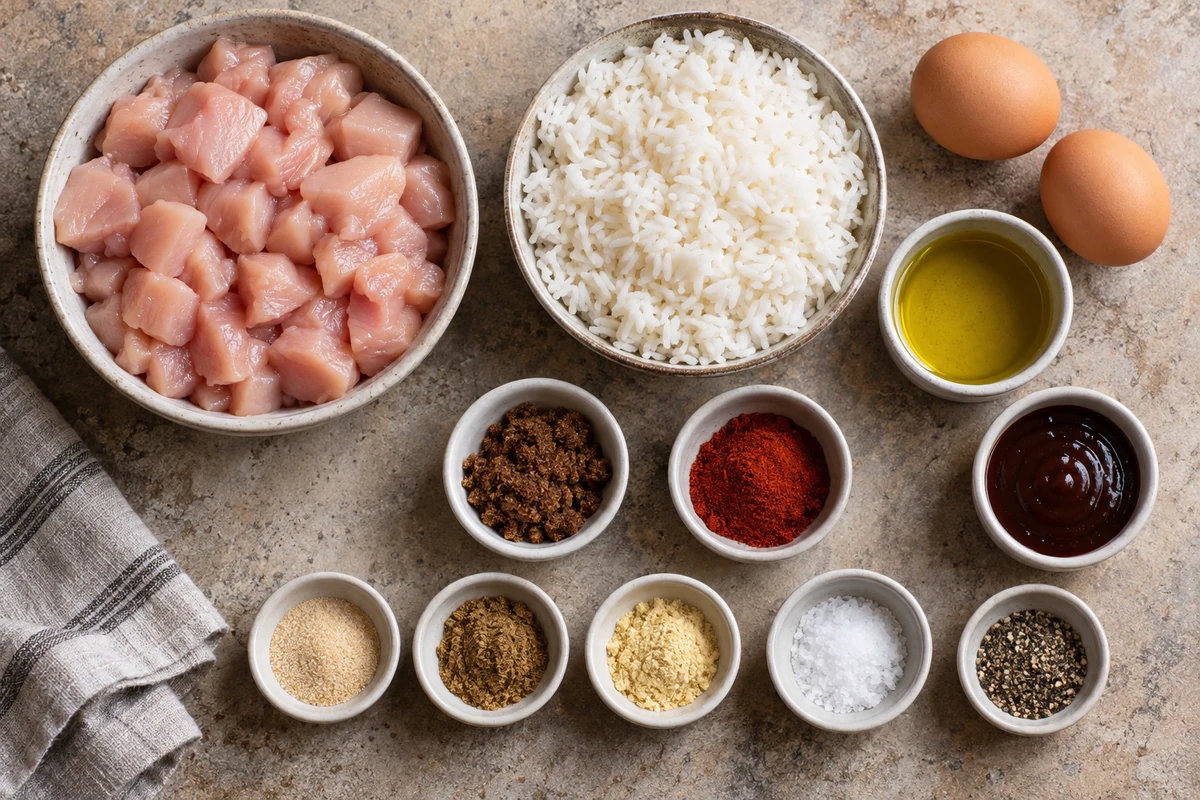 Diced chicken, chilled rice, two eggs, olive oil, Japanese barbecue sauce, brown sugar, smoked paprika, and seasonings