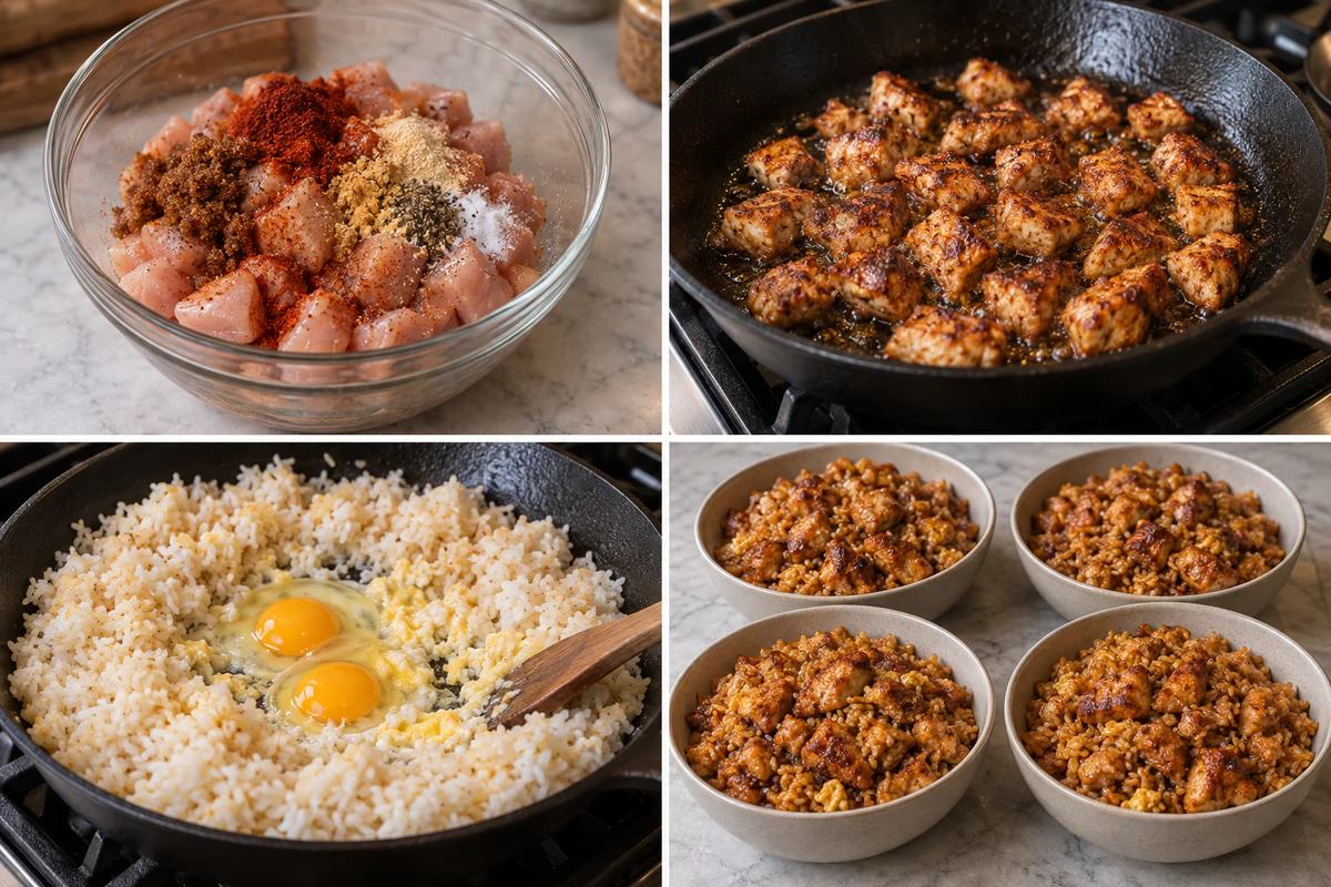 Four stages showing seasoned diced chicken, chicken searing, two eggs scrambling into rice, and four bowls of barbecue chicken fried rice