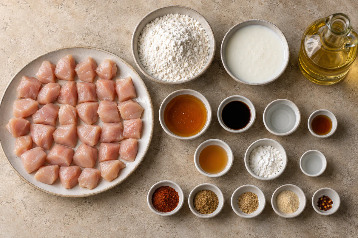 Thirty raw chicken bites, flour, buttermilk, frying oil, honey, soy sauce, vinegar, sesame oil, cornstarch, water, and spices