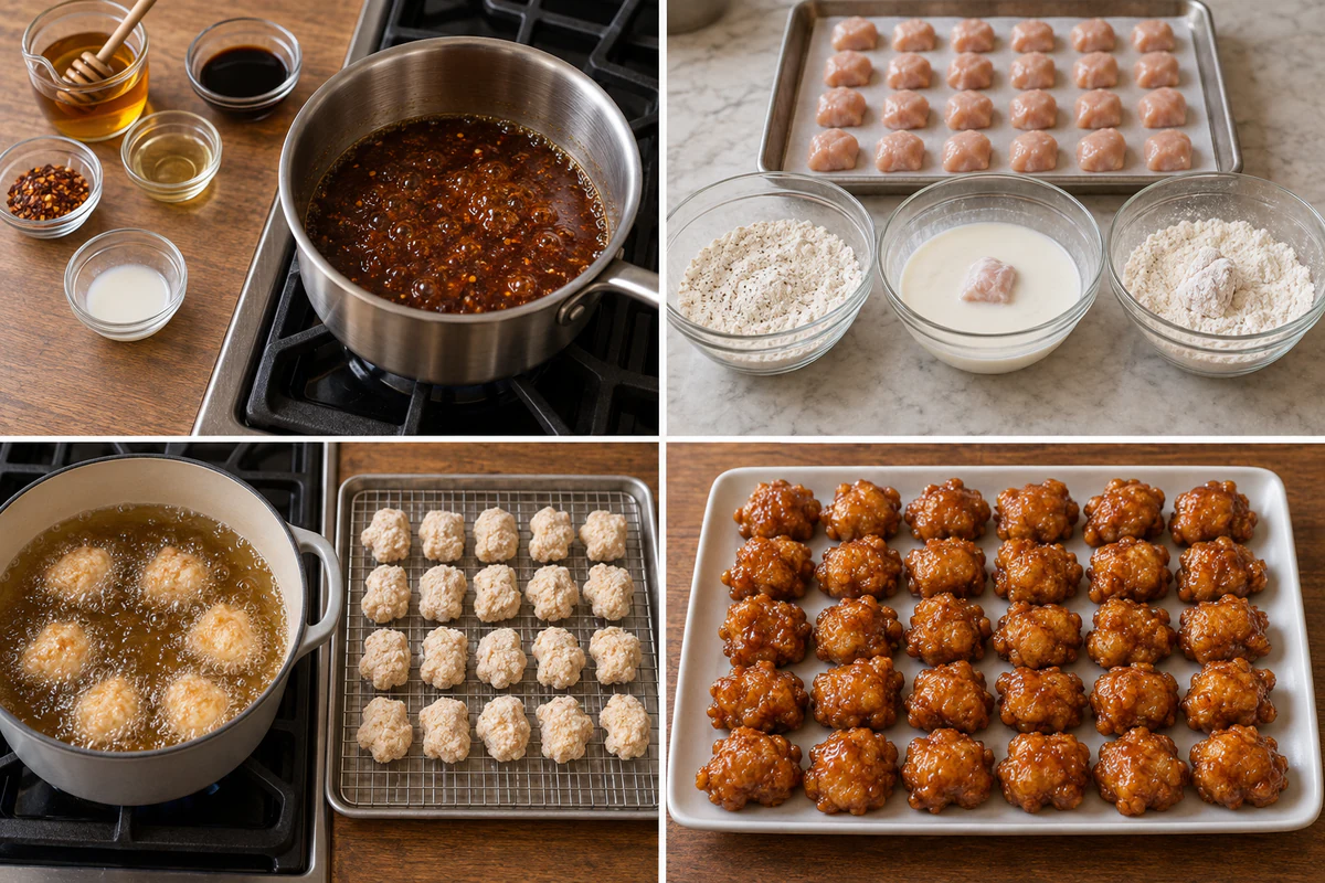 Four stages showing honey sauce thickening, chicken moving through flour and buttermilk, breaded chicken frying, and thirty glossy crispy honey chicken bites