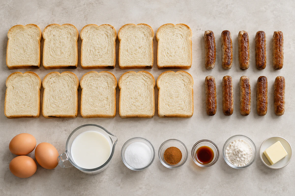 Ten bread slices, ten cooked breakfast sausages, three eggs, milk, sugar, cinnamon, vanilla, flour, and butter