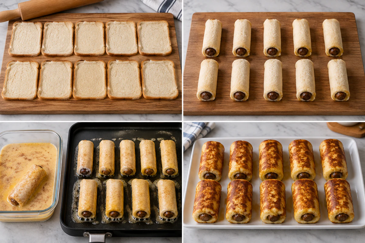 Four stages showing ten flattened bread slices, ten sausage rolls, custard dipping and griddle cooking, and ten golden French toast roll-ups