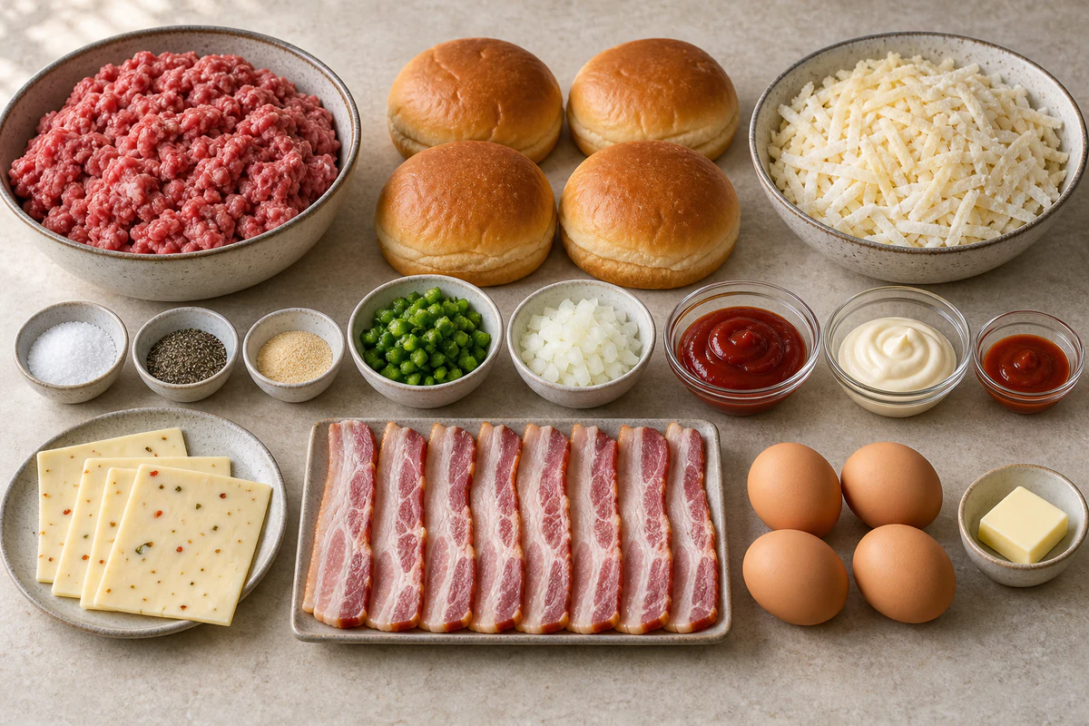 Ground beef, four buns, four eggs, four pepper jack slices, eight bacon strips, hash browns, jalapeno, onion, seasonings, and burger sauce ingredients