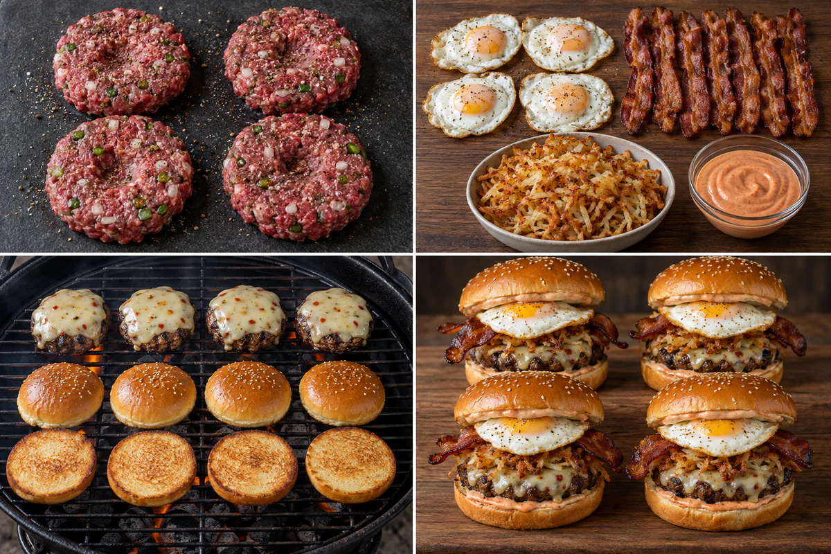 Four stages showing four seasoned beef patties, burger toppings, four cheeseburgers and buns on the grill, and four assembled Hangover Burgers