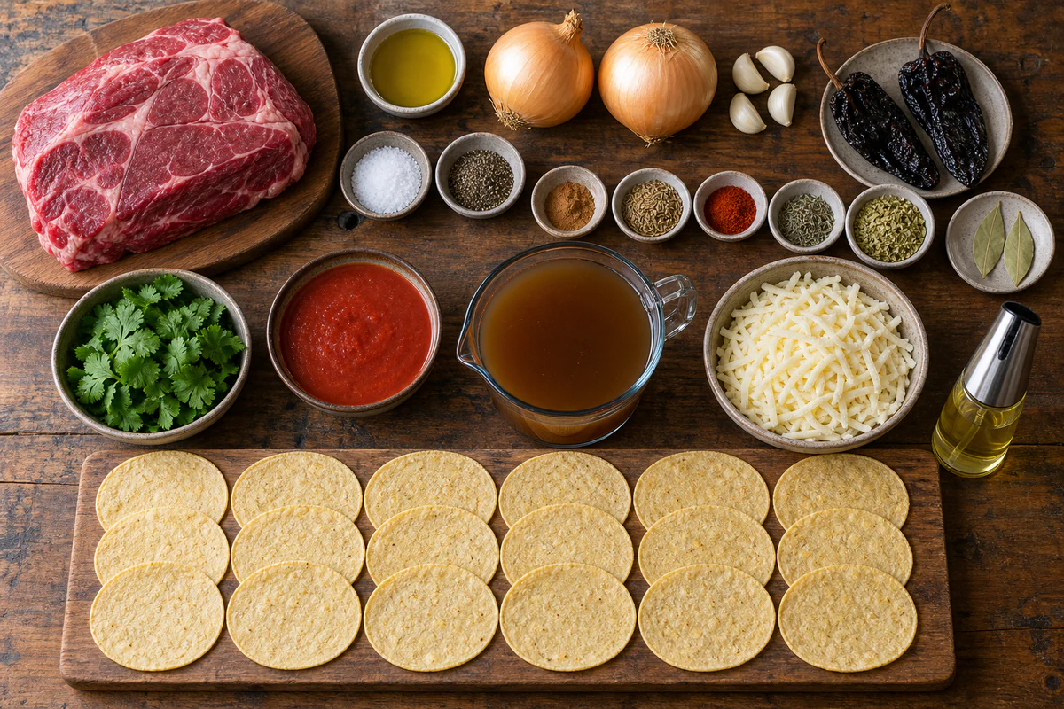 Chuck roast, onions, garlic, ancho chiles, spices, cilantro, tomato sauce, beef broth, eighteen tortillas, and Oaxaca cheese