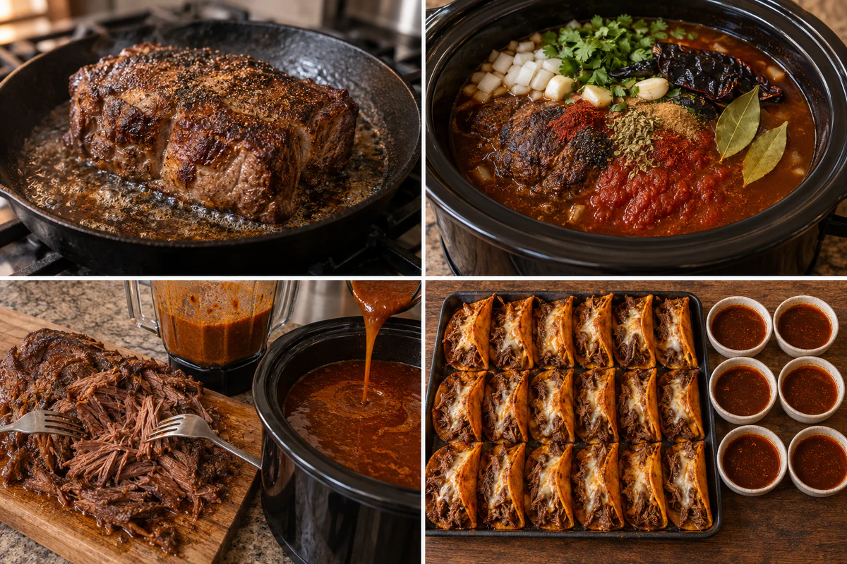 Four stages showing seared chuck roast, slow-cooked chile beef, shredded beef and blended consomme, and eighteen cheesy birria tacos